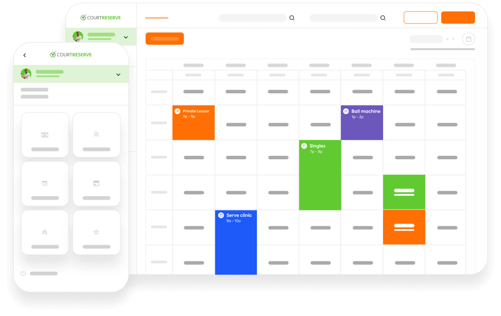 Mobile and desktop views of a scheduling app showing a calendar with blocks for various activities