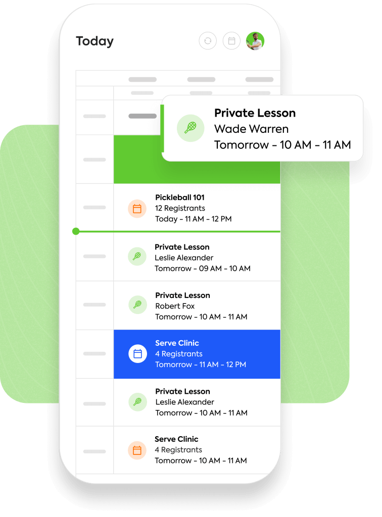 app-private-lessons Mobile app schedule: Pickleball 101, private lessons, times and registrant details.