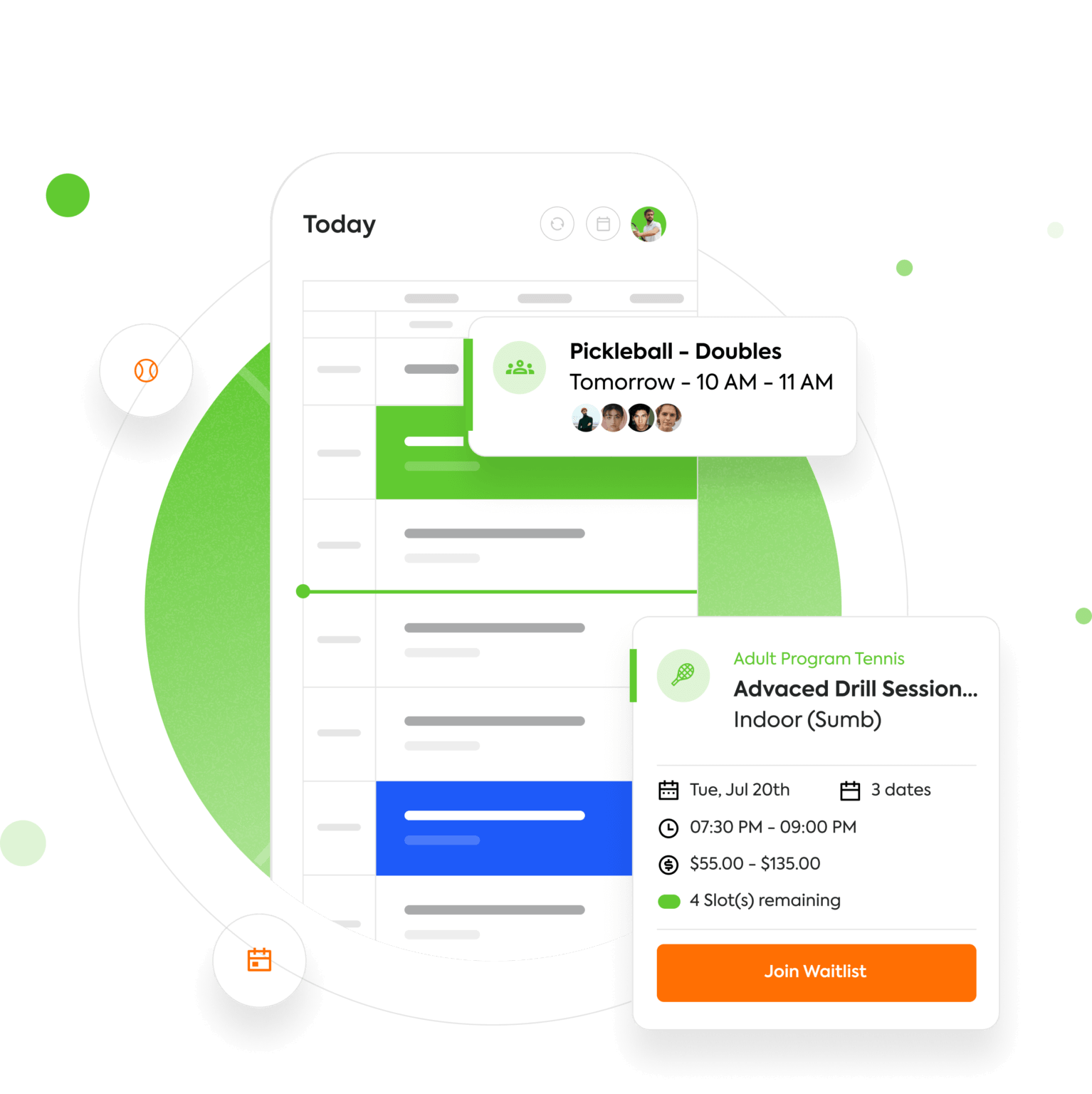 Mobile app calendar showing events: "Pickleball - Doubles," "Advanced Drill Session," with waitlist options.