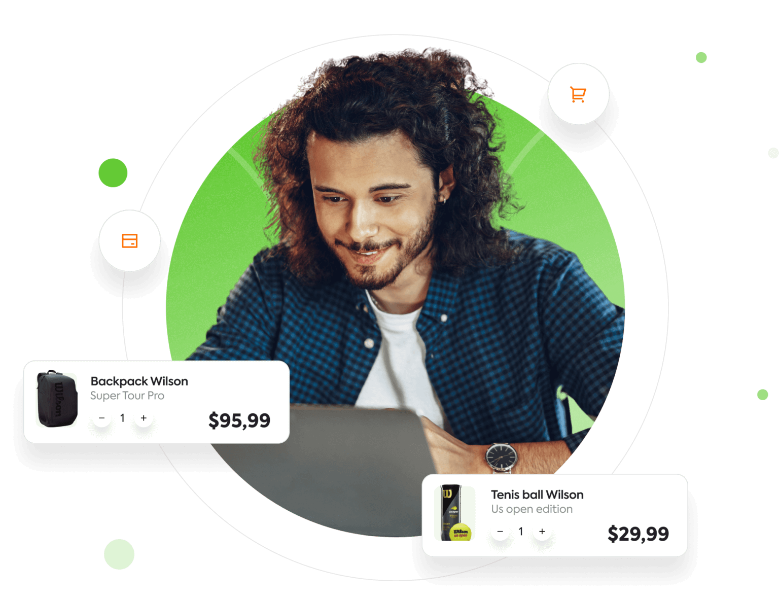 Group 1000001959 Person with laptop showing highlighted products: Backpack Wilson $95.99, Tennis ball Wilson $29.99