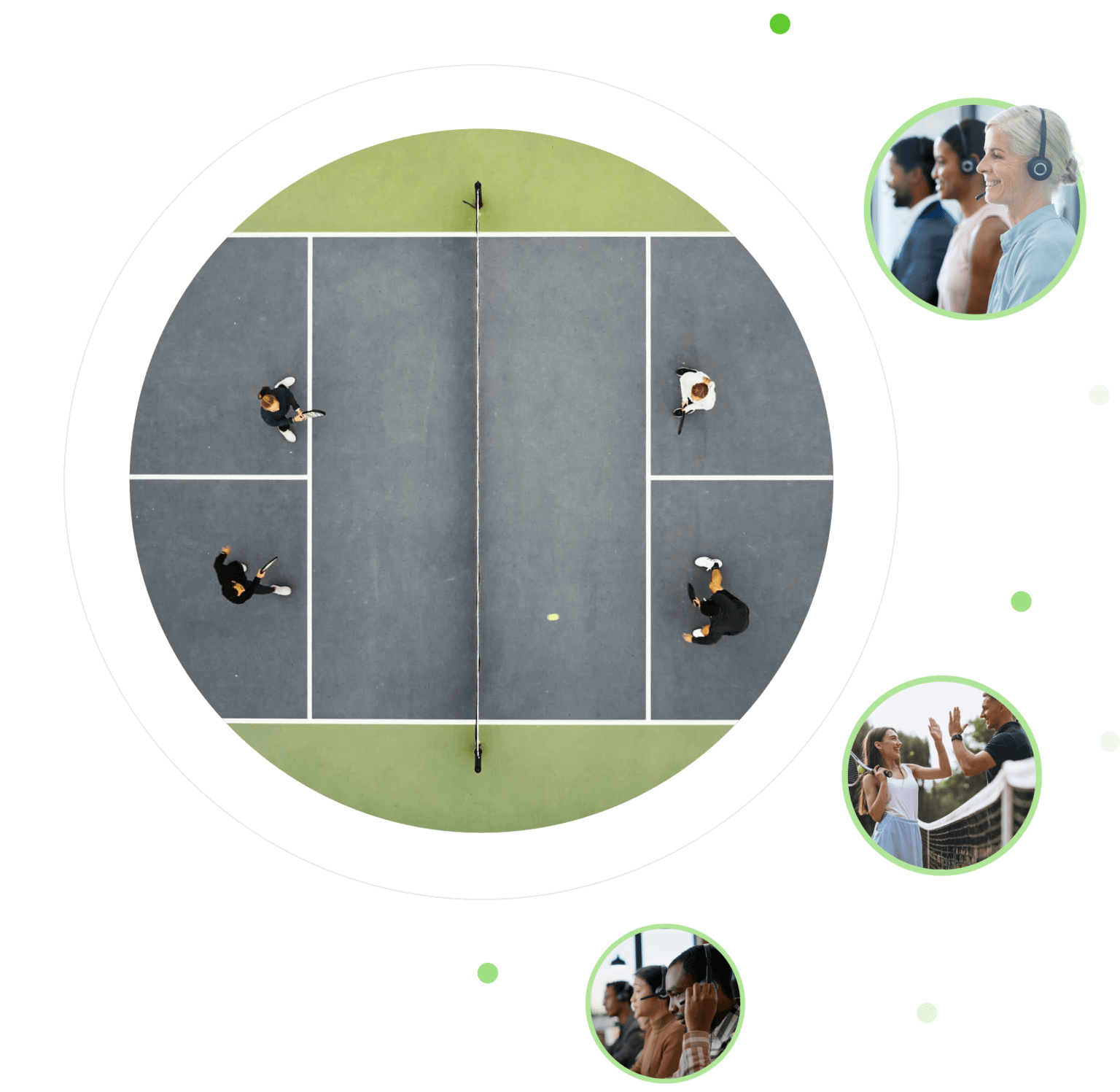 Aerial view of a tennis game with spectators in circular insets around the main image.