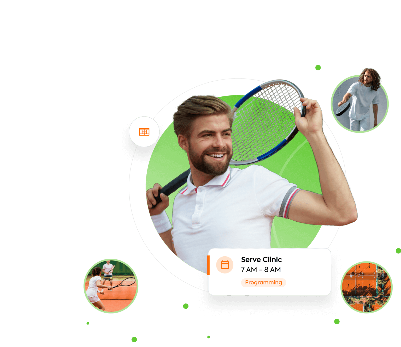 Man smiling with tennis racket, small images of tennis player, schedule: "Serve Clinic 7 AM - 8 AM, Programming"