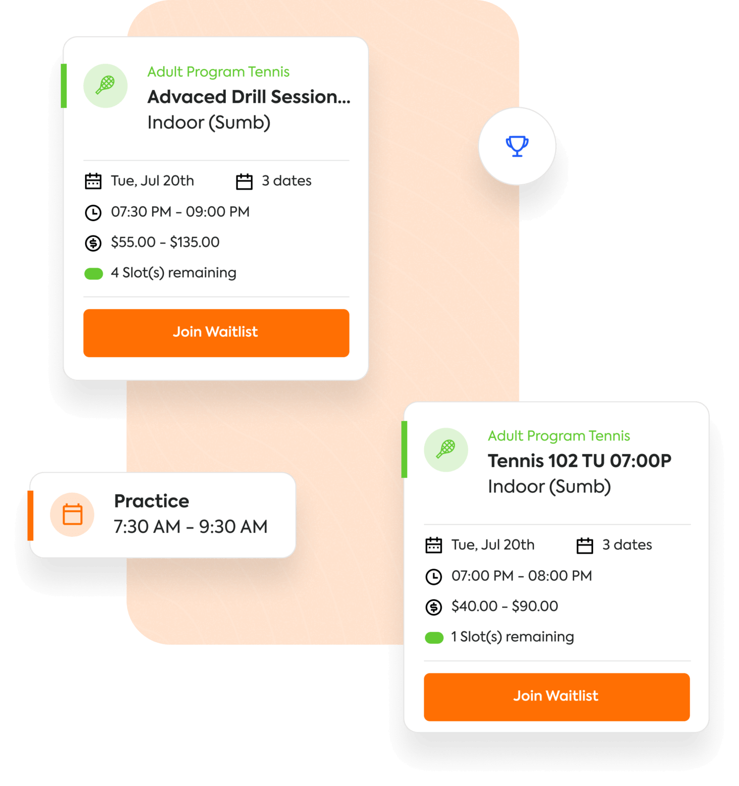 Tennis schedule: two sessions, practice slot; includes dates, times, slots, pricing. Orange with trophy icon.