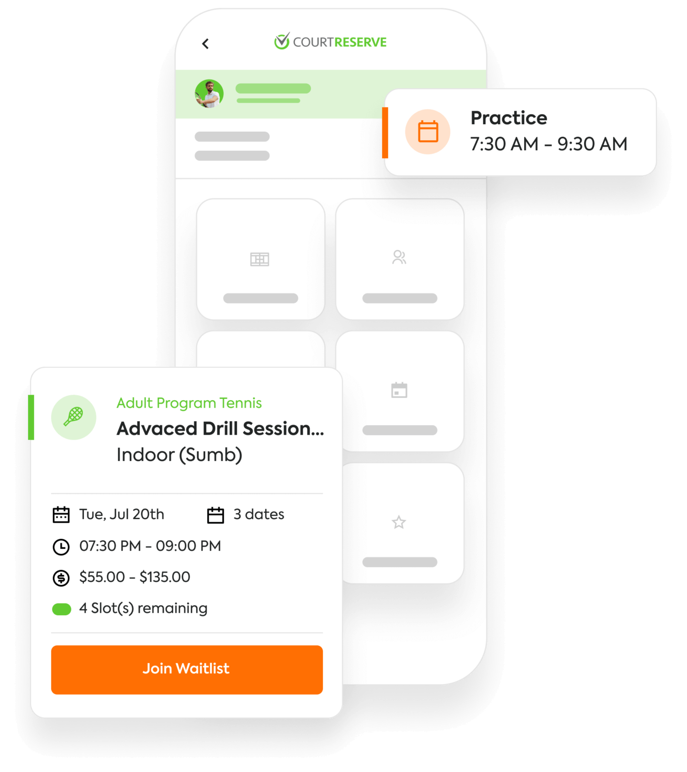 Tennis program schedule on mobile app with date, time, cost, slots, and join waitlist button.