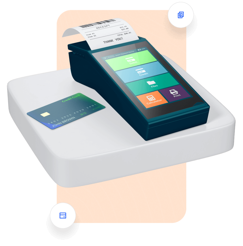 POS terminal on white surface, showing payment options and receipt, with credit card; orange background.