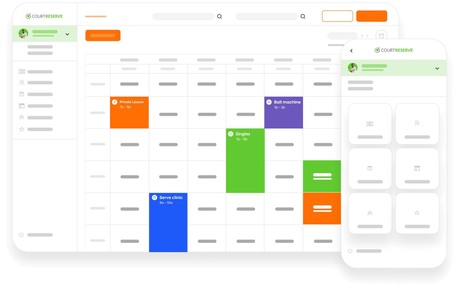 Court reservation interface with schedule view, color-coded events like private lessons and clinics.