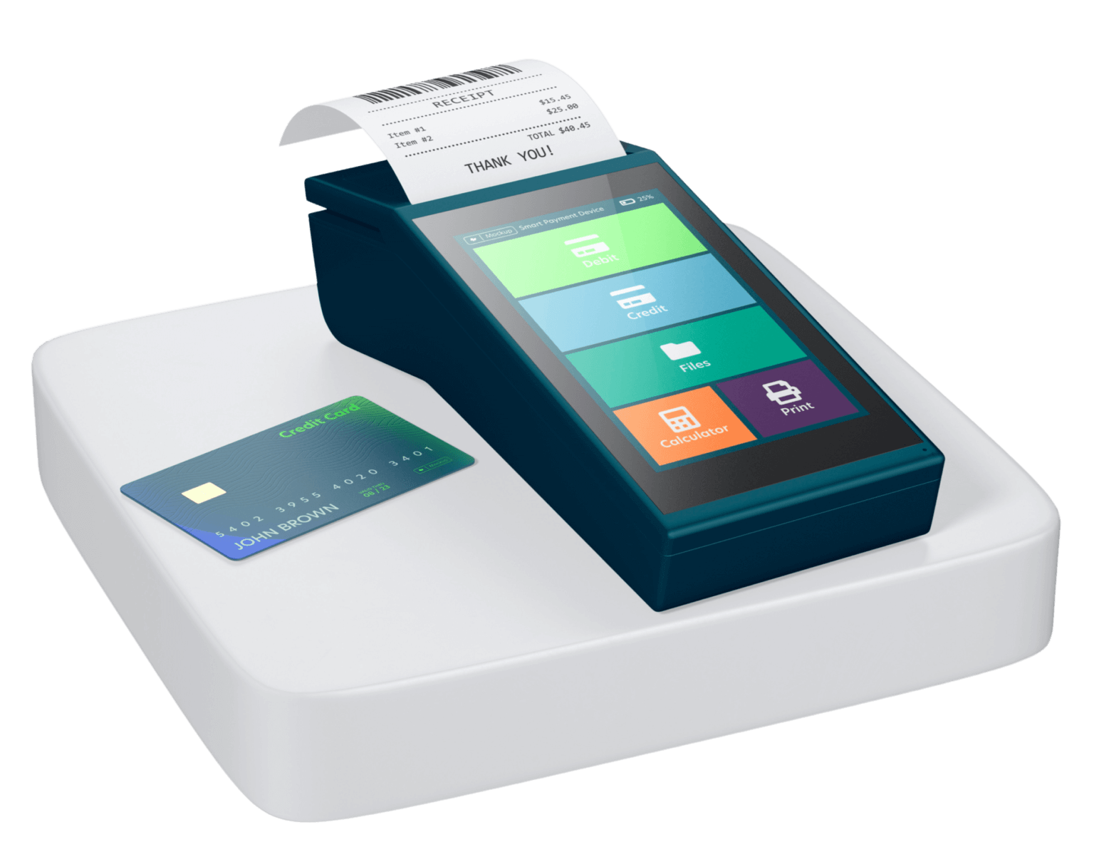 Modern point-of-sale terminal touchscreen with Desk, Credit, Files, Calculator, Print options, receipt, card