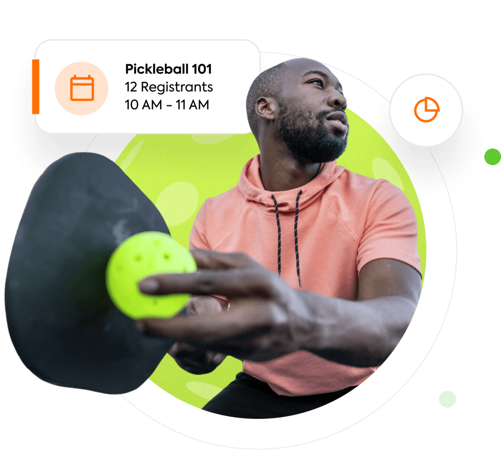 Group 48095493 Man in orange hoodie playing pickleball; event details: pickleball 101, 12 registrants, 10-11 am