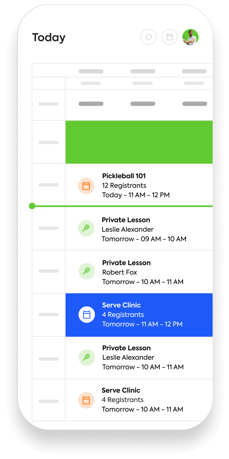 Smartphone showing calendar with events: Pickleball 101, Private Lessons, Serve Clinic for today and tomorrow.