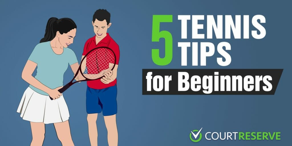 Man and woman playing tennis with "5 Tennis Tips for Beginners" and "Court Reserve" logo