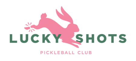 Pink rabbit leaping over green text "Lucky Shots" with "Pickleball Club" below.