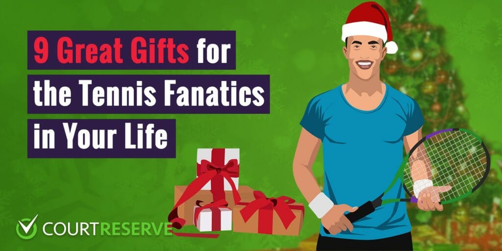 Holiday graphic: "9 great gifts for tennis fanatics," smiling player in santa hat with racket & gift boxes