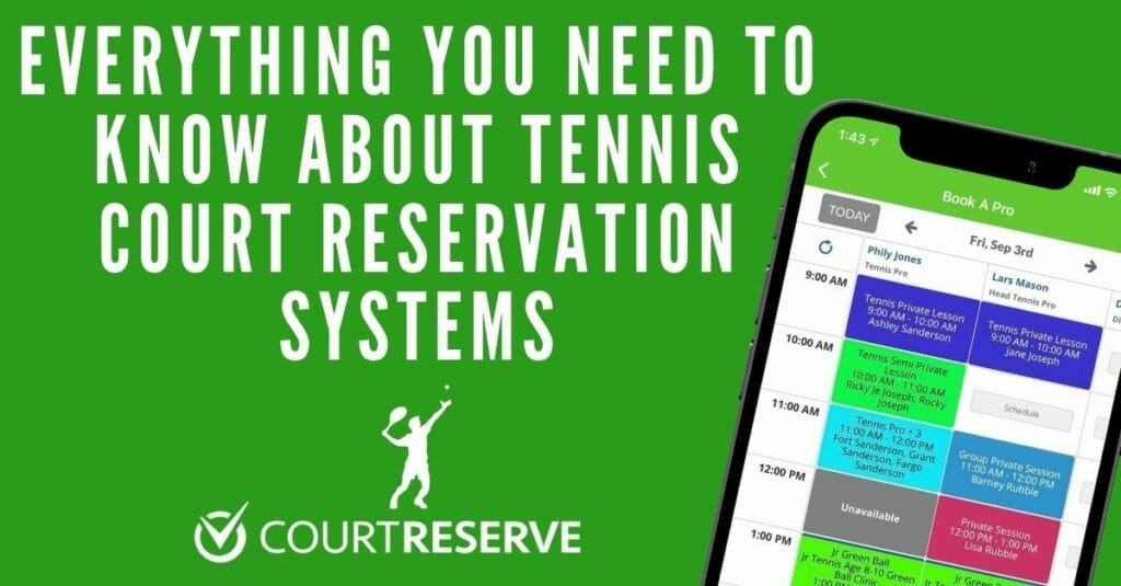 Court Reserve logo, tennis player, phone screen showing court booking, green background with text.