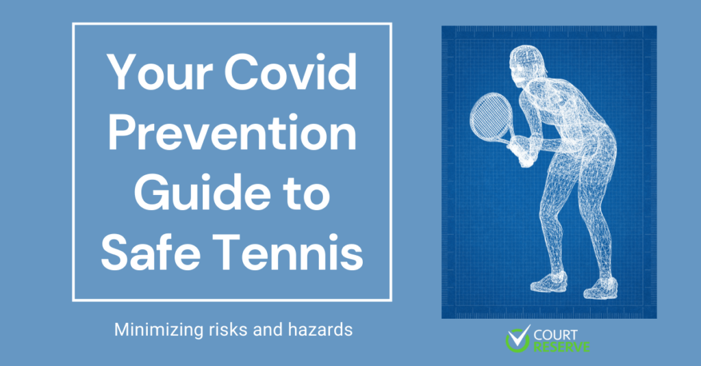 Covid Prevention: Safe Tennis Guide to minimize risks, featuring a wireframe tennis player.