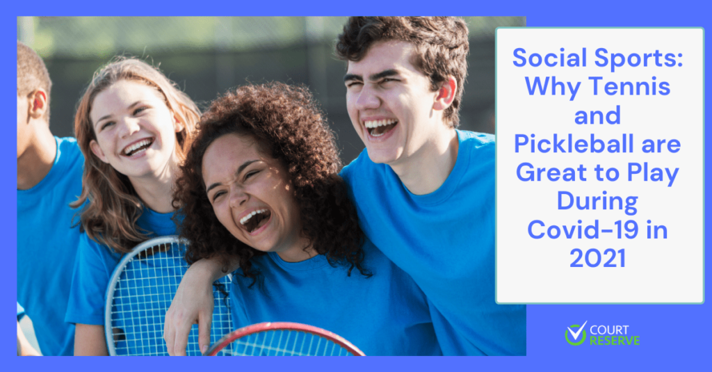 Four smiling people in blue shirts holding tennis rackets, text on social sports during covid-19