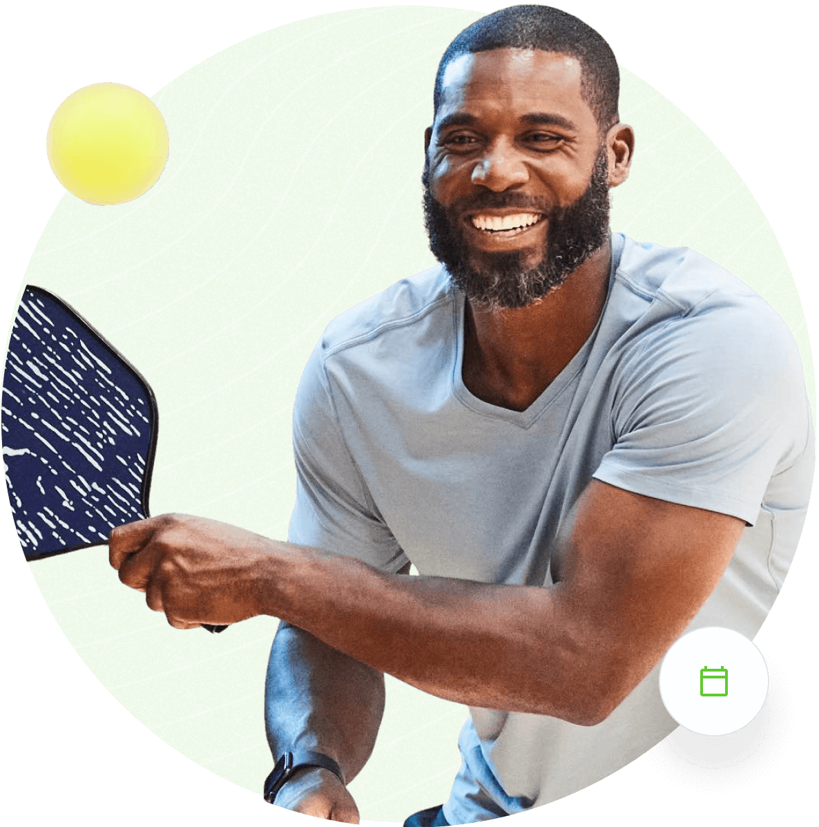 Group 1000001903 Man smiling while playing pickleball with a paddie, green textured background with graphics.