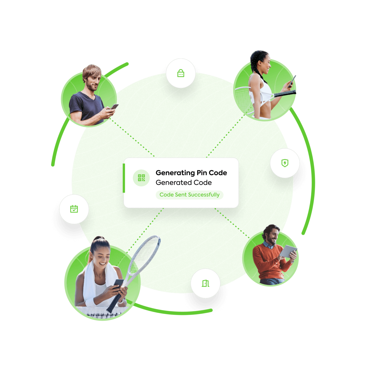 Graphic of diverse people using devices, centered around a pin code generation message.