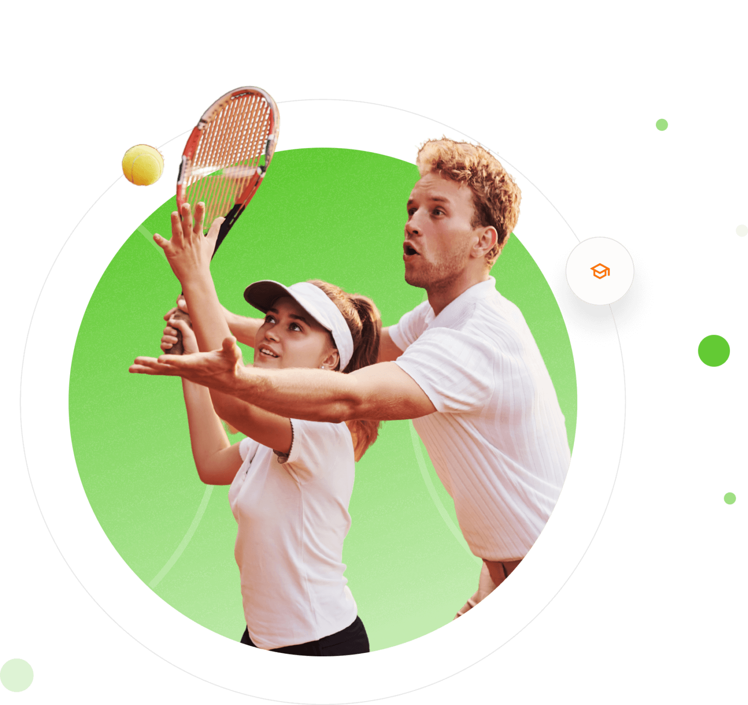 Two people playing tennis, one about to hit a ball with their racket.