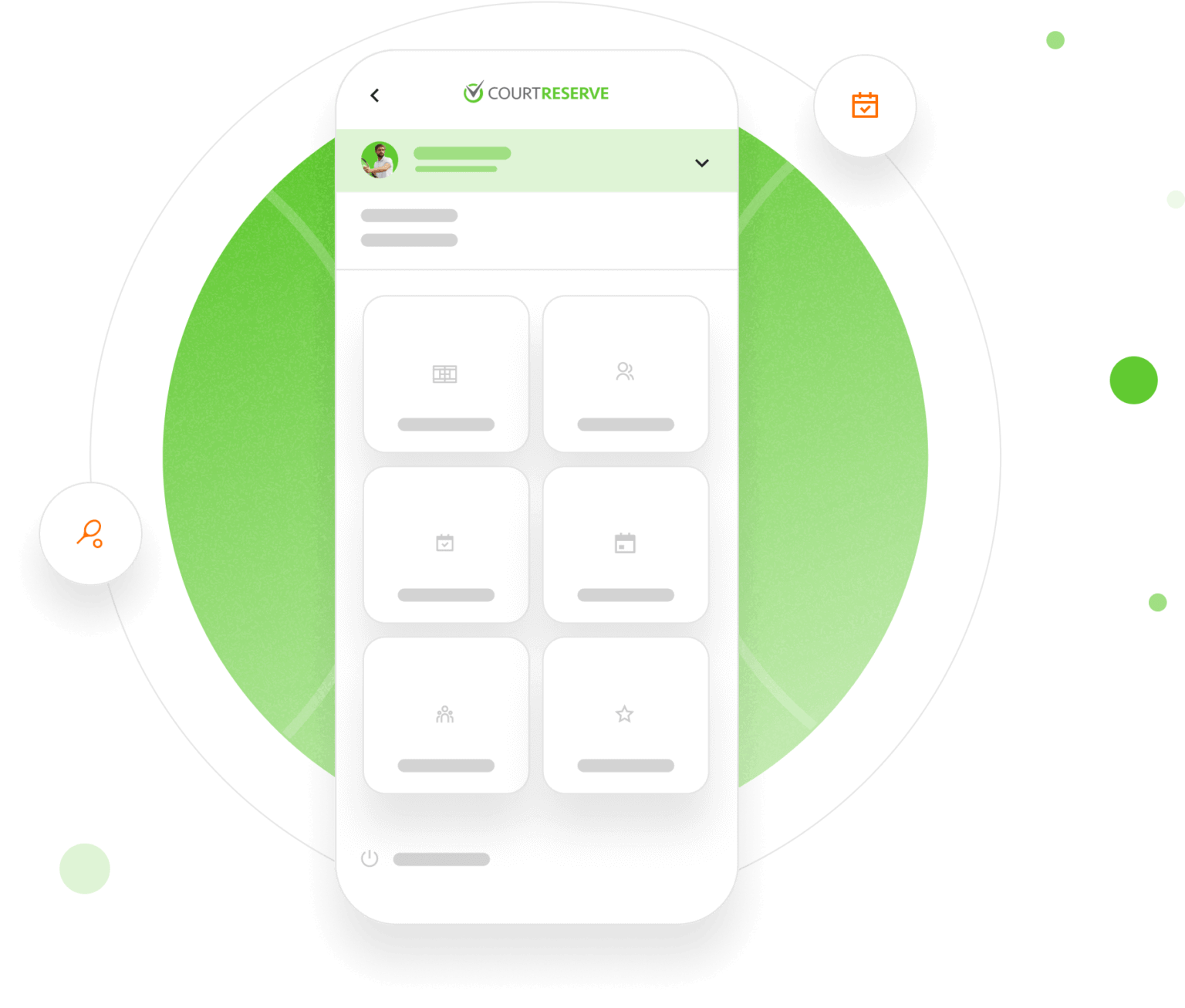 Mobile app interface on a green tennis ball background with search and calendar icons.