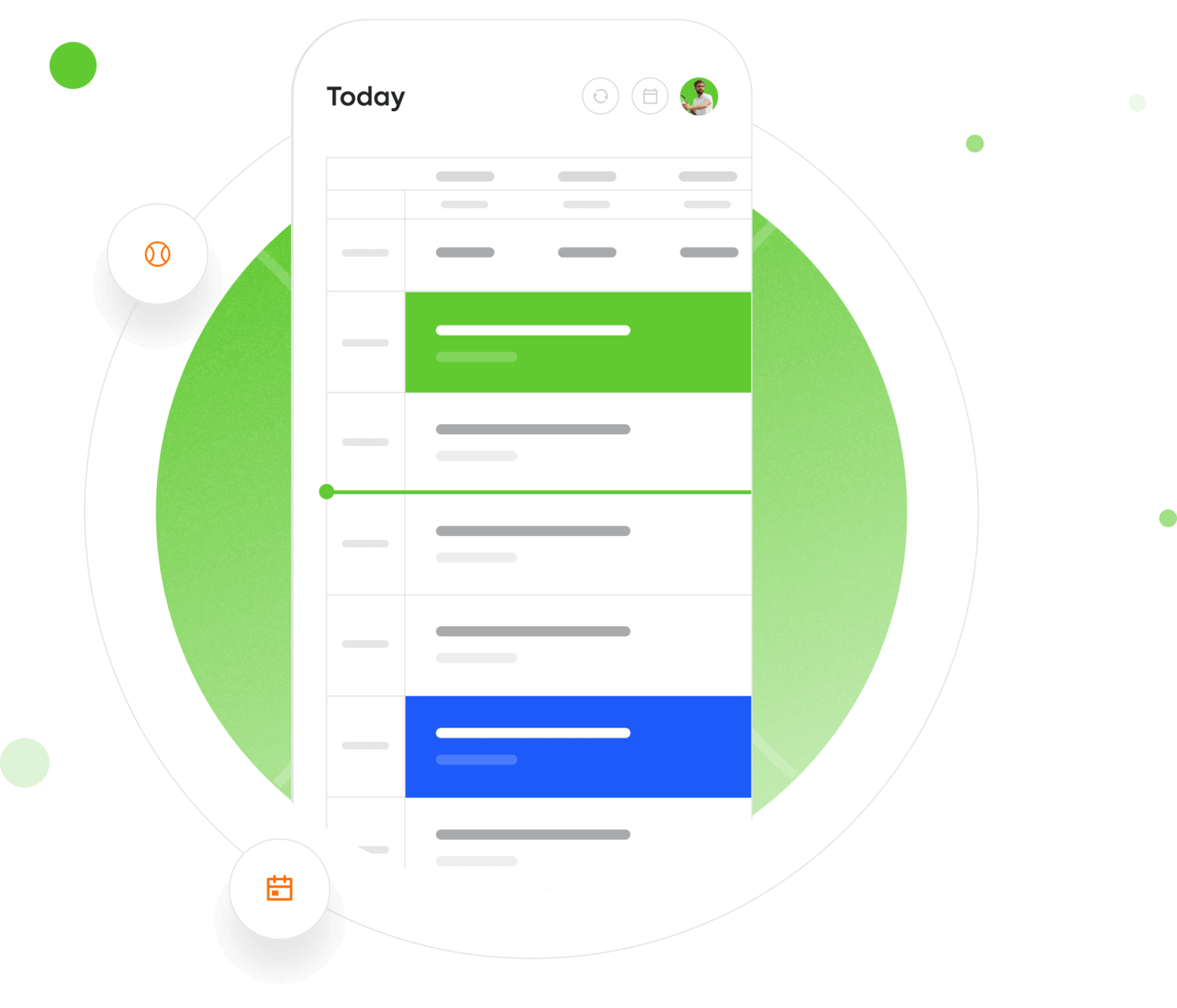 Mobile calendar app interface with events in green and blue bars over a green circular background