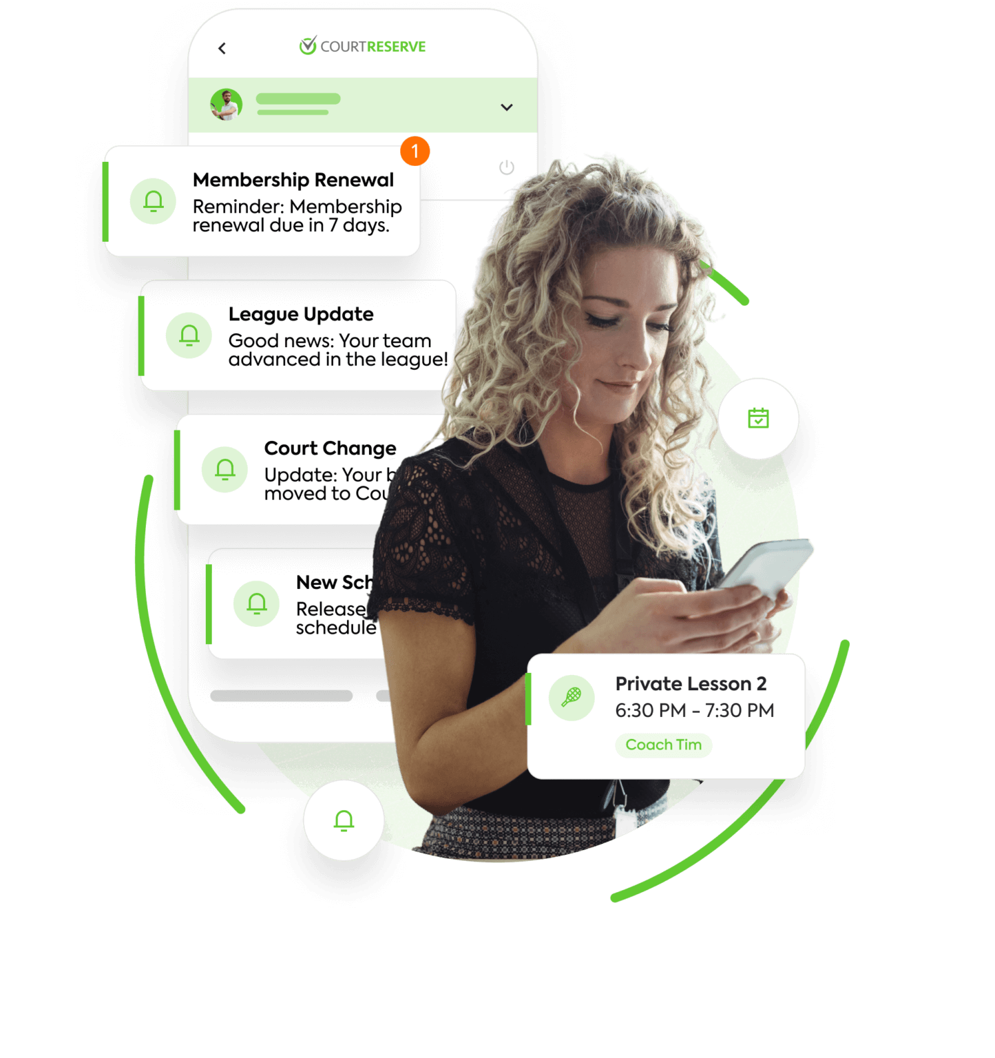 Smartphone notifications: CourtReserve membership renewal, league update, court change, schedule, lesson.