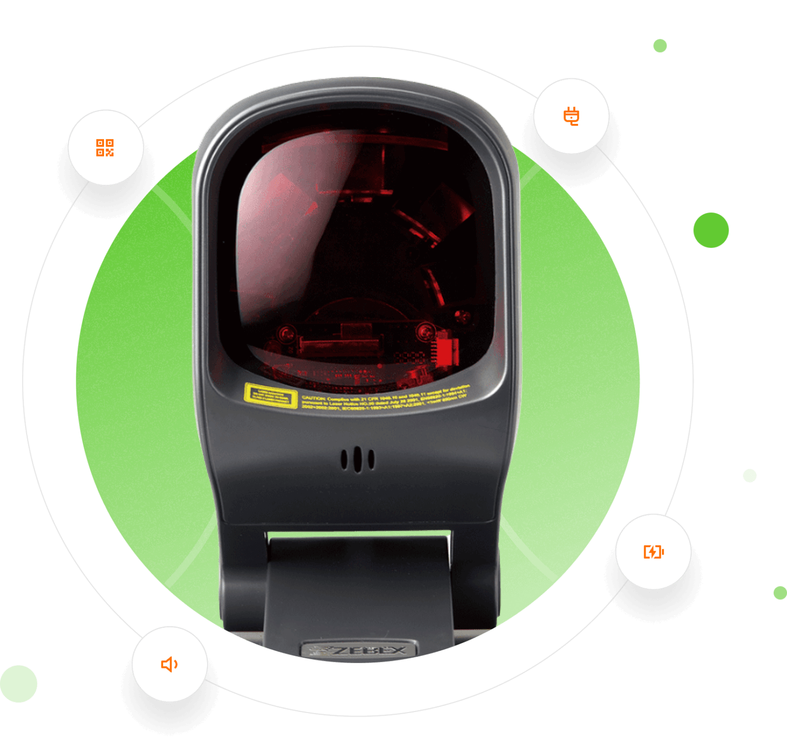 A barcode scanner with a red lens on a green background, surrounded by icons.