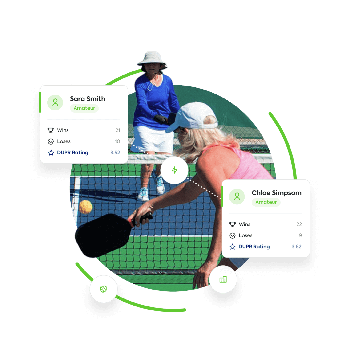 Two women playing pickleball, with stats showing wins, losses, and DUPR ratings.