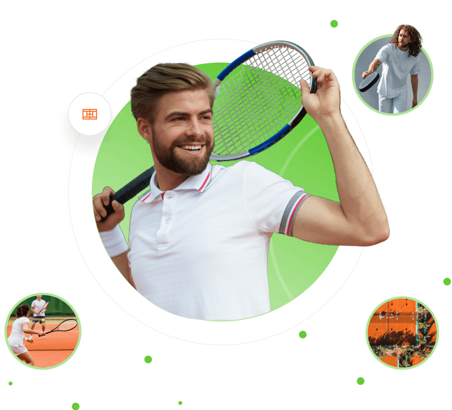 Man holding tennis racket with images of athlete, tennis match, and clay court around him.