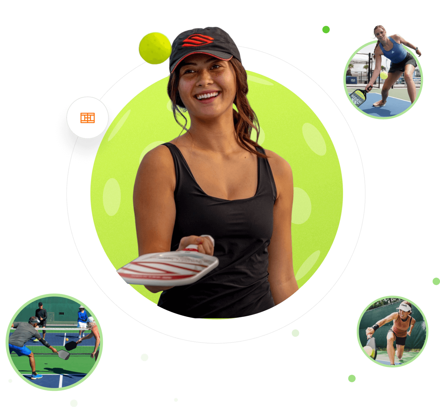 Woman in black sportswear holding pickleball paddle, with smaller images of people playing pickleball