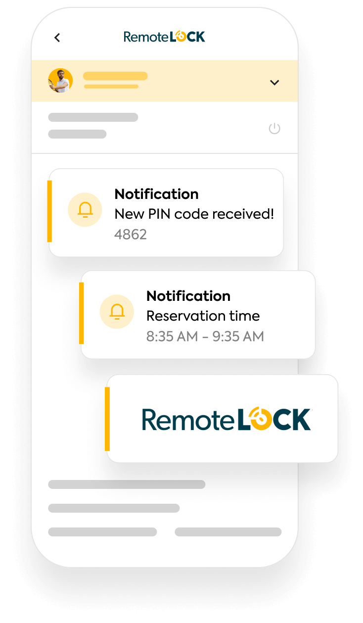 Mobile app interface showing RemoteLock notifications: new PIN code and reservation time.