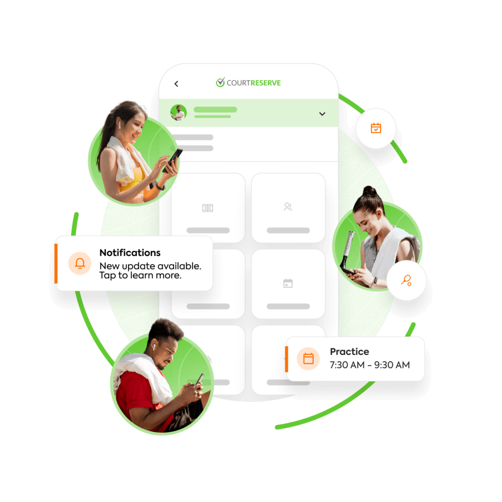 Mobile app interface showing updates, practice schedule, and smiling people using phones.