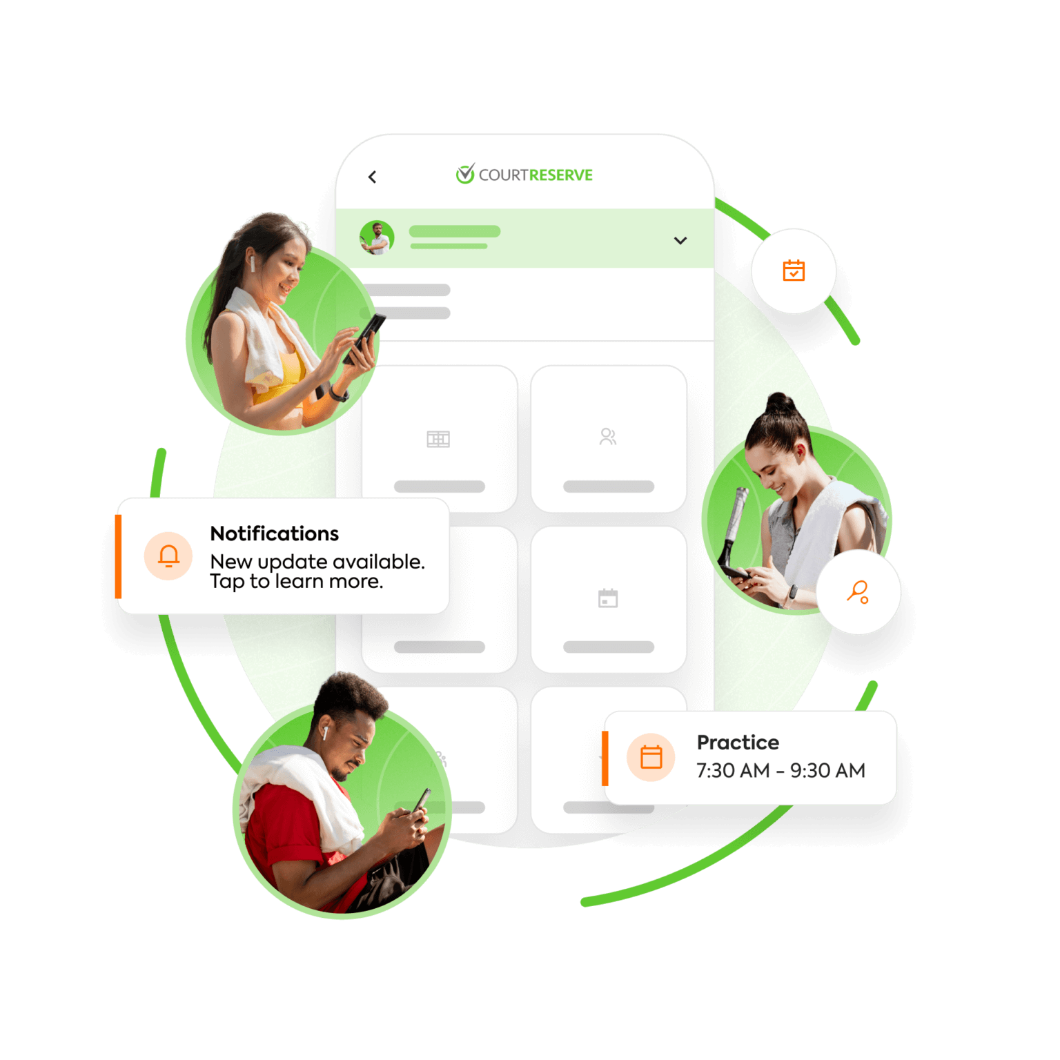 Mobile app interface showing updates, practice schedule, and smiling people using phones.