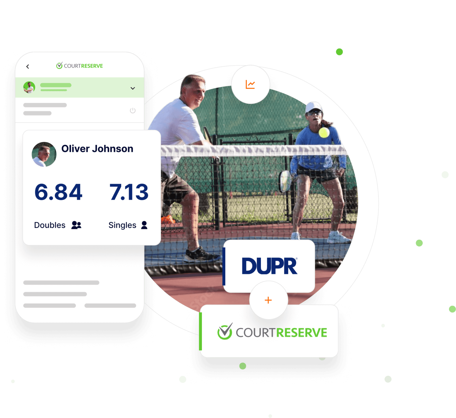 Mobile app screen with tennis player stats, background of two players, DUPR and CourtReserve logos.