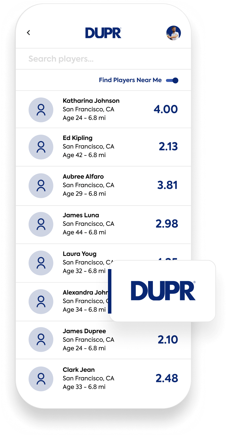 Mobile app interface showing a list of players near San Francisco, CA, with ratings.