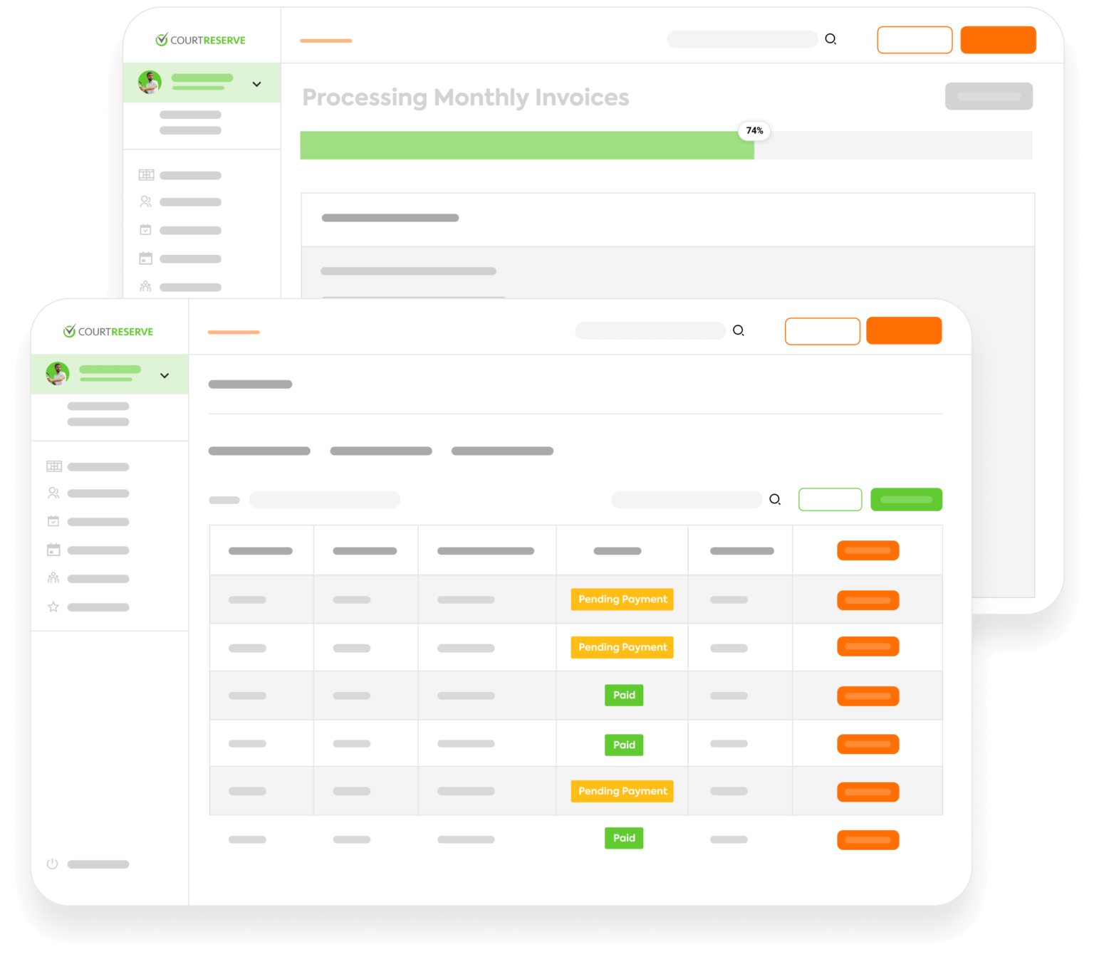 Two screens showing monthly invoice processing with payment statuses: "Pending Payment" and "Paid".