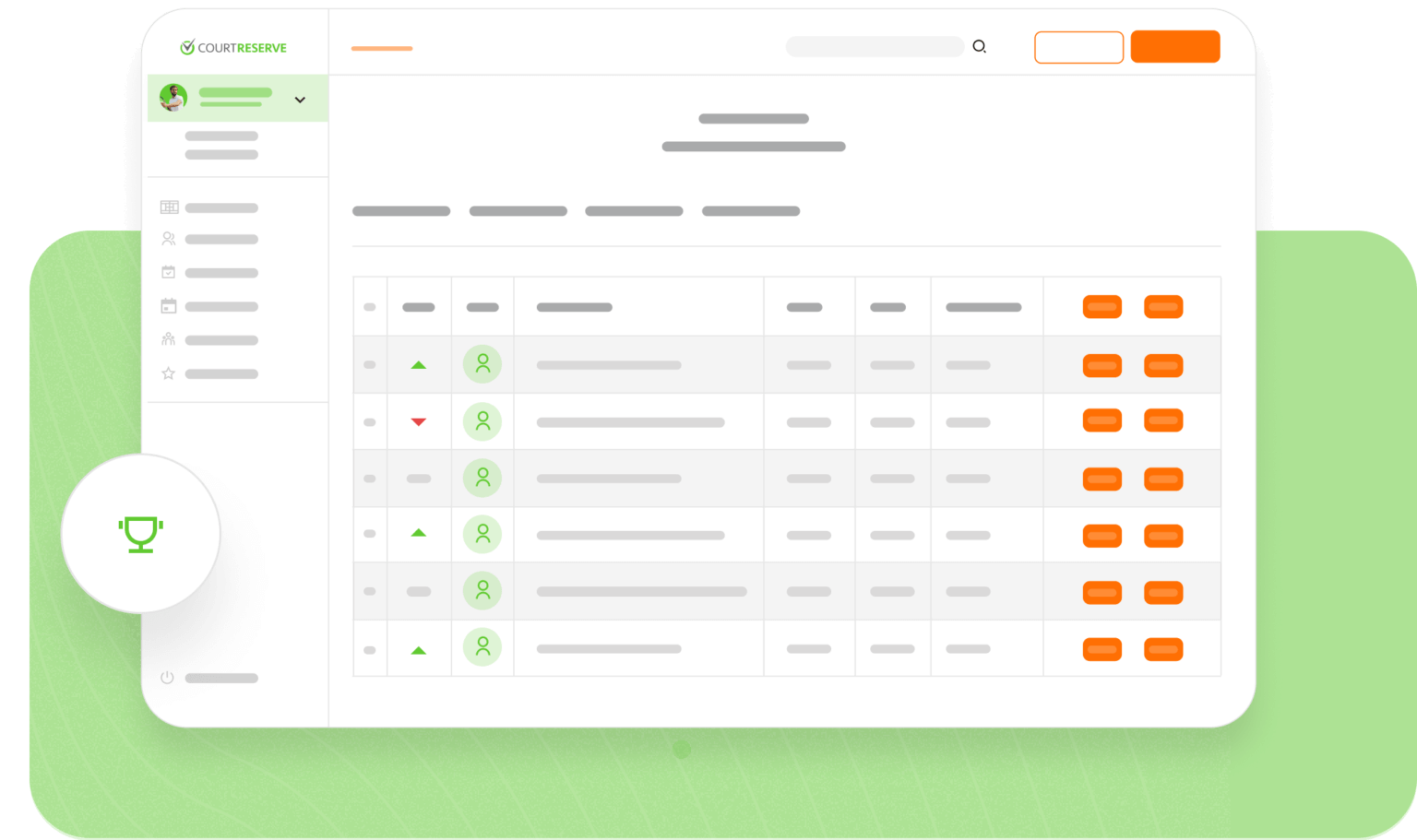 User interface with left menu, data table with icons and buttons on right, green background