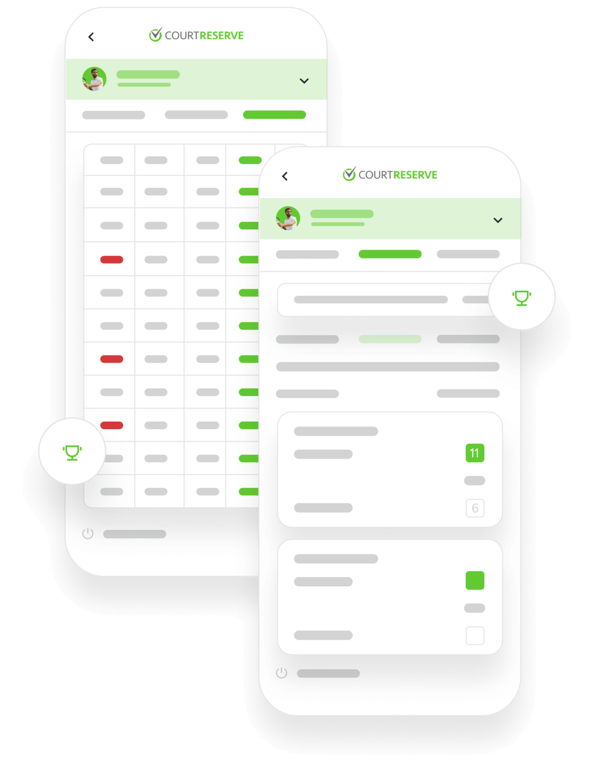 Mobile app interface for CourtReserve with a schedule, user profile, and green/red status indicators.