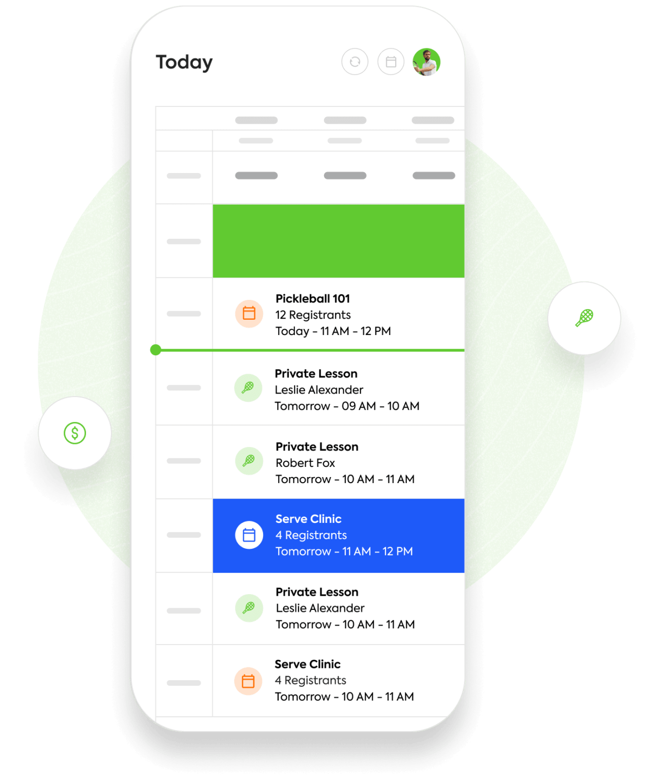 Group 327 Smartphone showing a schedule for events like "Pickleball 101" and "Serve Clinic" with times and registrants.