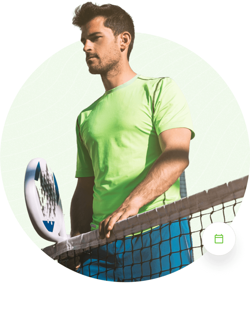 Group 327 Man in a neon green shirt holding a tennis racket near net, with lime textured background and calendar