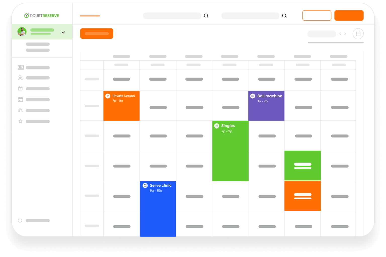 Calendar showing events: "Private Lesson," "Ball Machine," "Singles," "Serve Clinic" in color blocks.