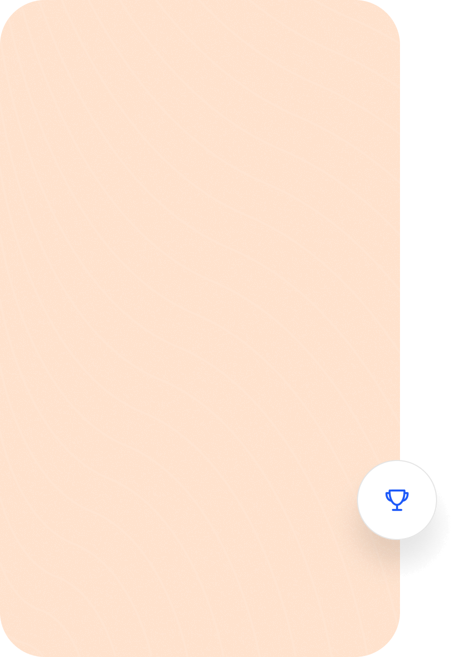 Orange textured background with wavy lines and small blue trophy icon in white circle at bottom right