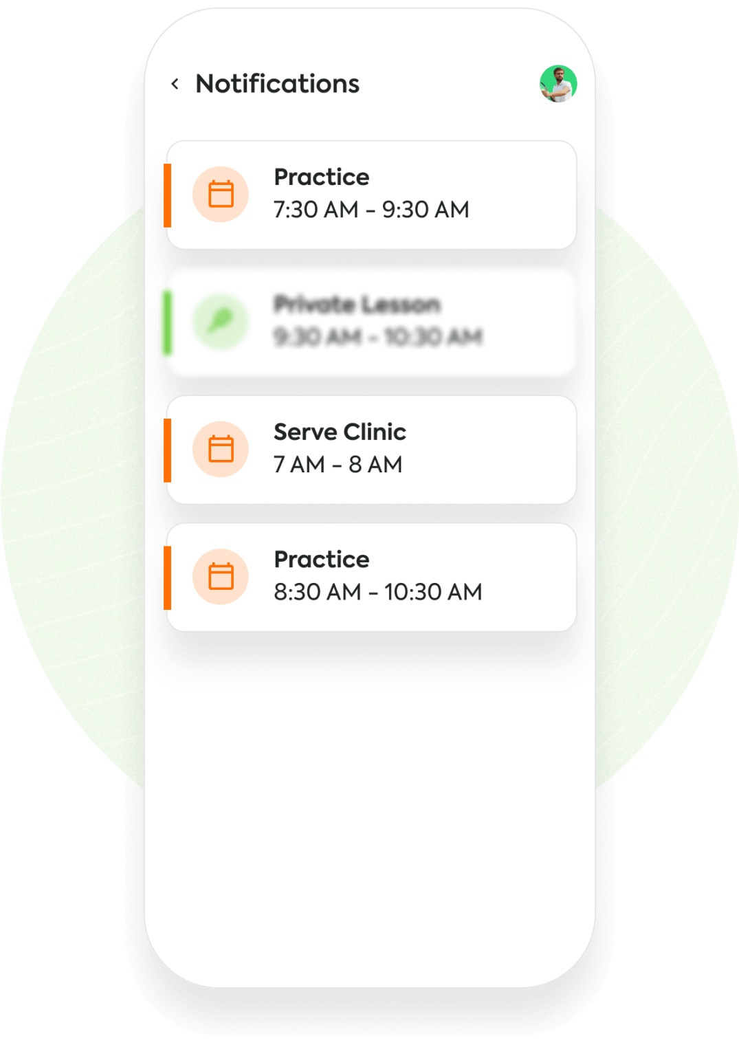 Group 358 Notifications: "Practice" 7:30-9:30 AM, "Private Lesson" 9:30-10:30 AM, "Serve Clinic" 7-8 AM, "