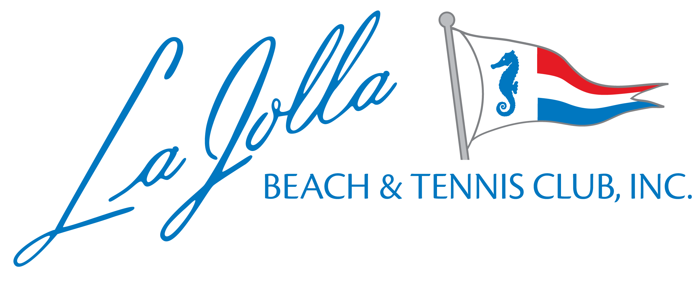 La Jolla Beach & Tennis Club logo with a flag, blue seahorse, and red and blue stripes.