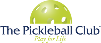 Logo of The Pickleball Club featuring a green pickleball and the slogan "Play for Life."