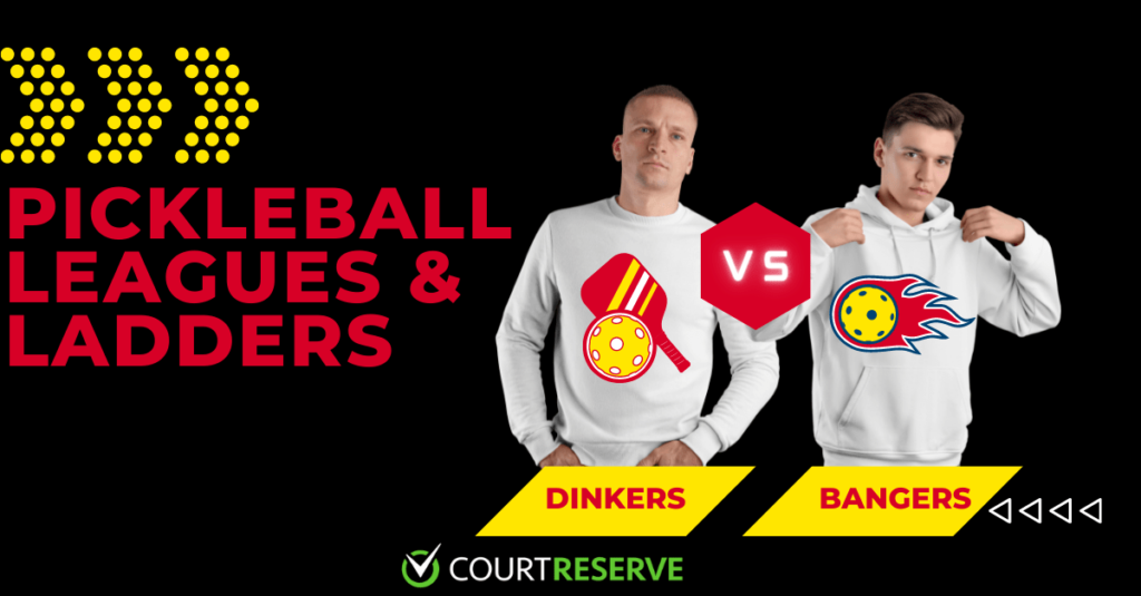 Two men in white hoodies, labeled dinkers with yellow paddle and bangers with fiery ball; pickleball leagues & ladders, courtreserve logo