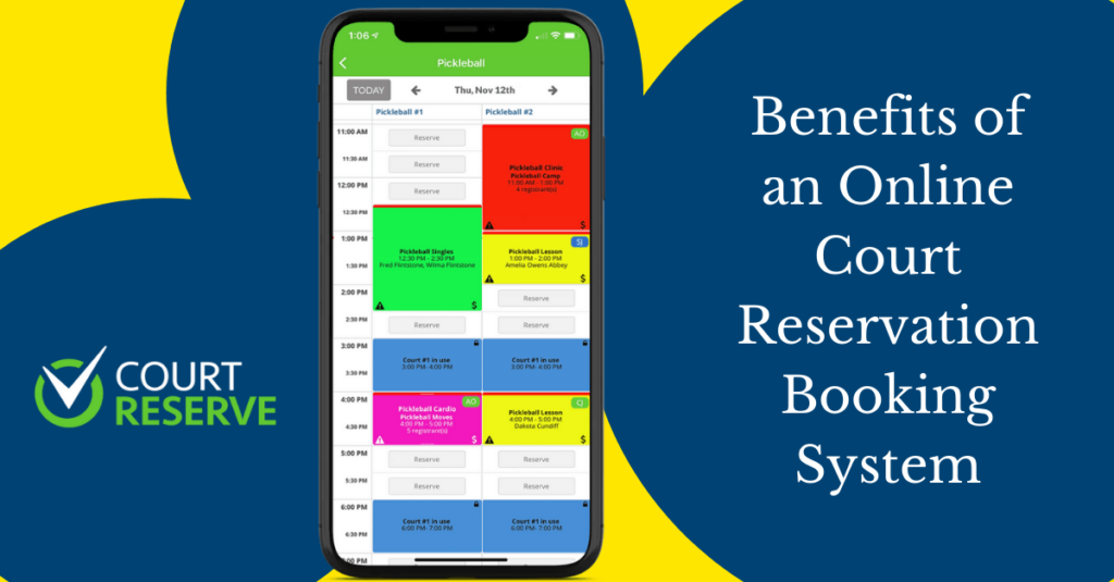 Smartphone showing a colorful court reservation app with text: "Benefits of Online Court Booking."