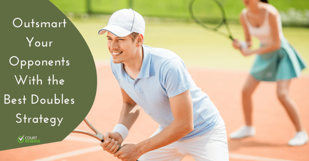 Man in white cap and blue shirt playing tennis with female partner on clay court, text on doubles strategy