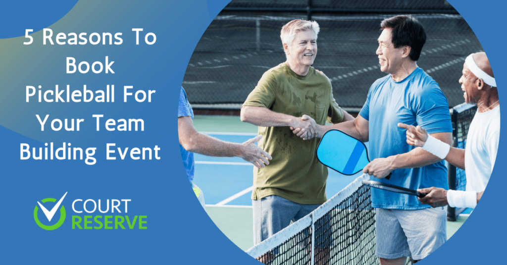 People smiling, shaking hands on a pickleball court; promo text for team building events.