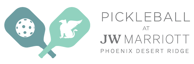 Two pickleball paddles: one with a ball, one with a griffin, beside "Pickleball at JW Marriott Phoenix Desert Ridge."