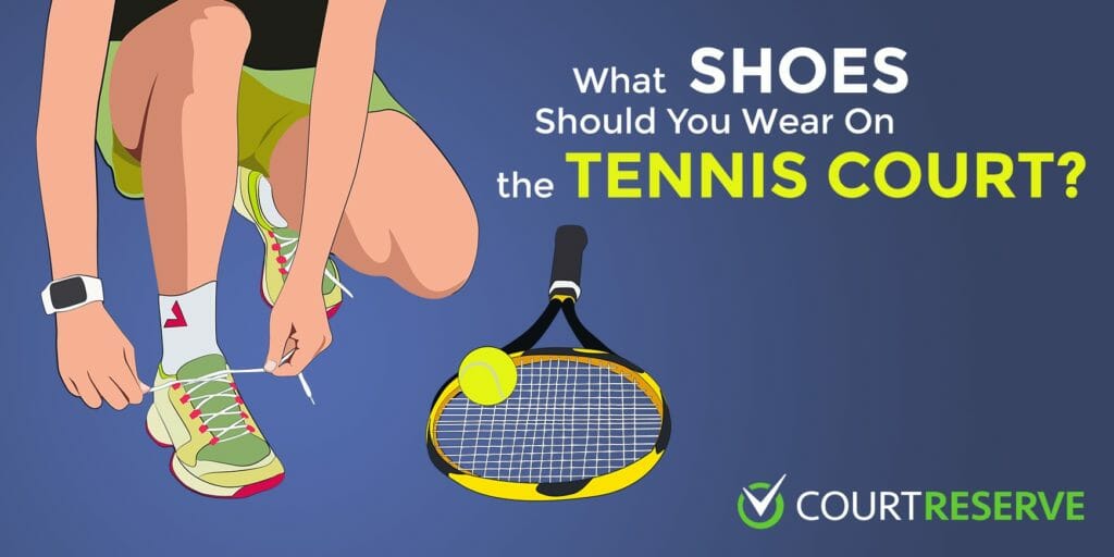 Person tying tennis shoe near racket and ball, with text "What shoes to wear on the tennis court?"